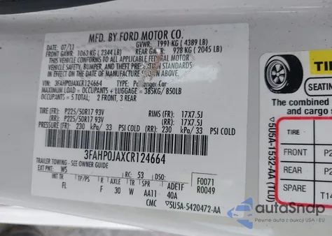 2012 Ford Fusion Sel z USA, uszkodzony, nr VIN 3FAHP0JAXCR124664
